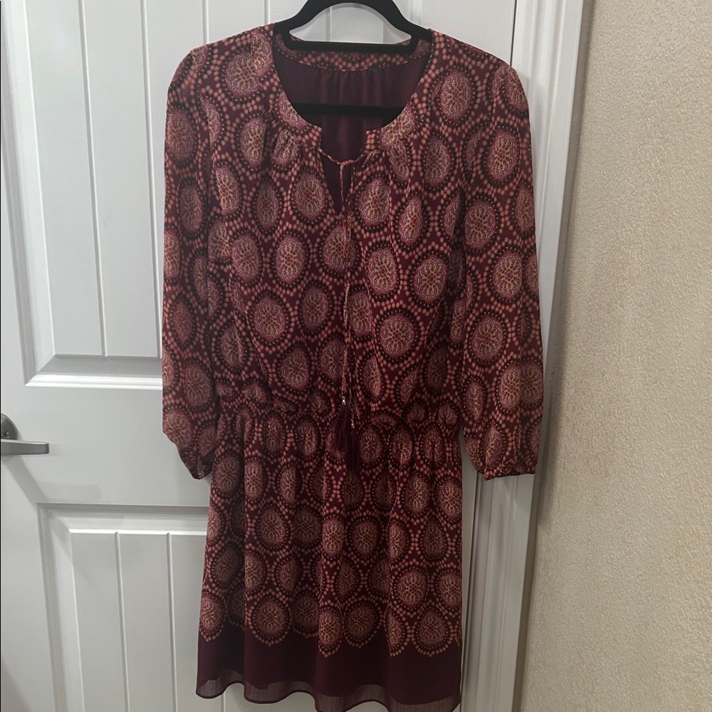 Elegant Patterned Dress in Red and Cream burgundy Boho Dress